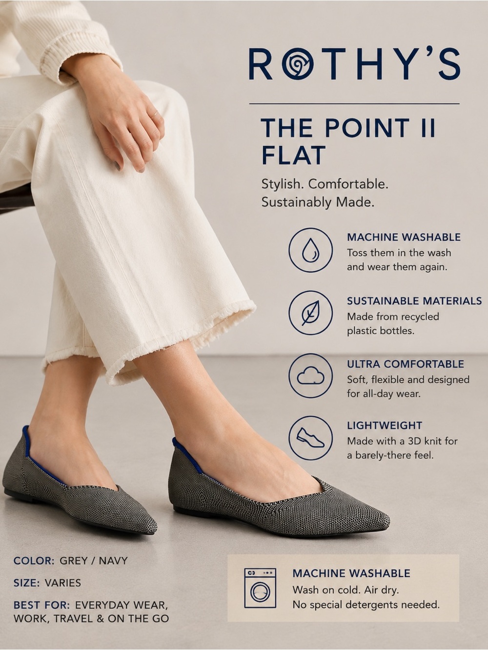 Rothy’s Grey Pointed Toe Flats Blue Trim Sustainable Knit Shoes